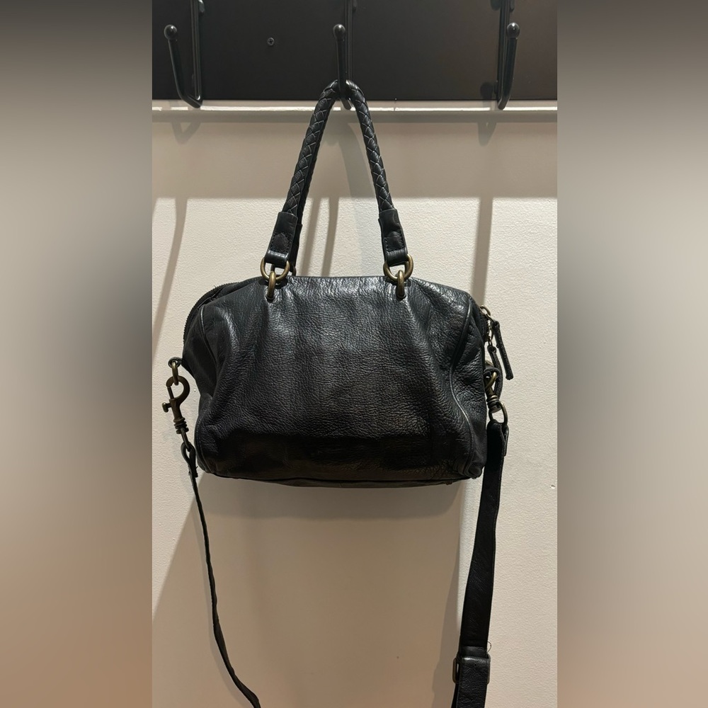Black Leather Satchel Handbag - Detachable Crossbody Strap